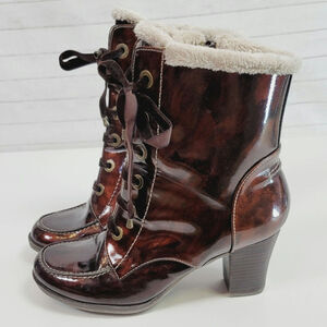 SPORTO CANDICE SHERPA LINED HEELED FAUX LEATHER BROWN BOOTS, SZ 7